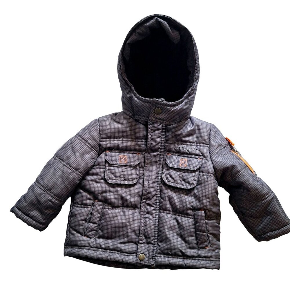 Carters Toddler Boys Gray Hooded Puffer Jacket With Orange Zipper Details 2T
